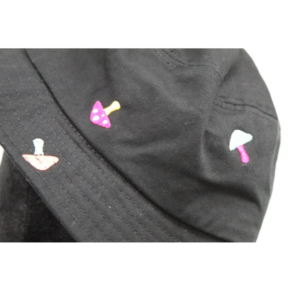 A-Lab Black Mushroom Embroidered Bucket Hat Cotton Streetwear Festival Cap